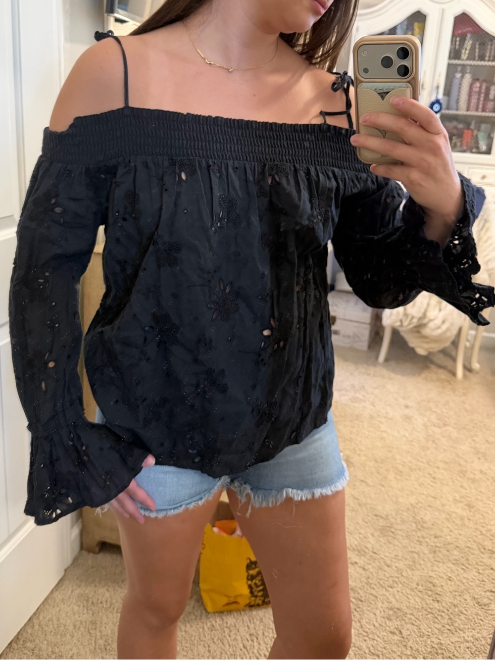 Abercrombie & Fitch Navy Off-Shoulder Eyelet Top